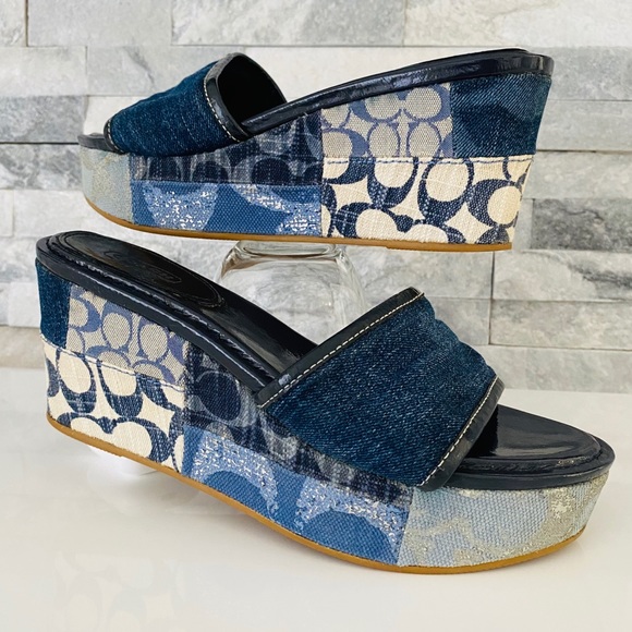 Coach Shoes - COACH “JACI” Denim Patchwork wedges   Size 9
